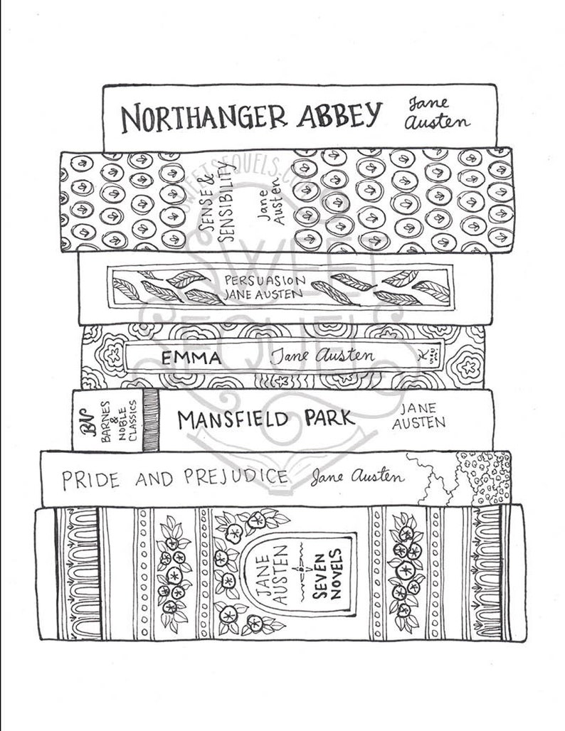 Jane Austen Book Stack COLORING SHEET Instant Download Printable Literary Coloring Sheet image 2