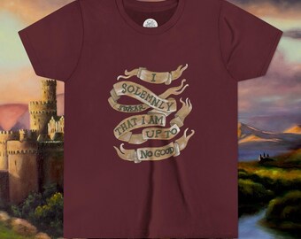 May include: Burgundy t-shirt with a banner design. The banner reads "I solemnly swear that I am up to no good" in a vintage style. The shirt has a crew neck and short sleeves.