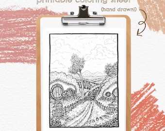 Fantasy Countryside Coloring Sheet – Hand-Drawn Printable (Digital Download)
