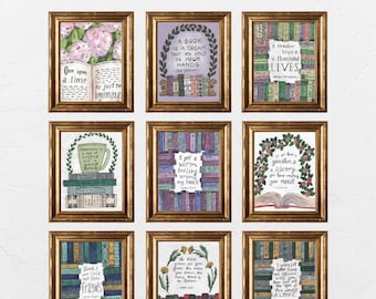 May include: A set of nine printable wall art prints featuring quotes about books and reading. The prints are illustrated with stacks of books, flowers, and other decorative elements. The quotes include: "Once upon a time is just the beginning", "A book is a dream that you hold in your hands", "A reader lives a thousand lives", "Happiness is a cup of coffee and a good book", "I get a warm feeling among my books", "If you have a garden and a library, you have everything you need", "Books are not just old friends but they are friends", "The book grows as you grow, the more you learn, the more there is to learn", "I would rather have one lifetime with you than all the treasures of this world alone."