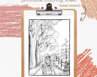 Wizard in Woods Coloring Page – Hand-Drawn Fantasy Art (Digital Download)