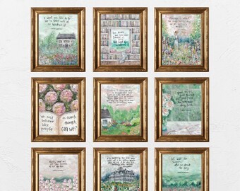 Puede incluir: Un conjunto de nueve impresiones artísticas enmarcadas con marcos dorados. Cada impresión presenta ilustraciones en acuarela con citas y temas literarios. El texto superior dice "INSTANT GALLERY WALL: literary art download set."