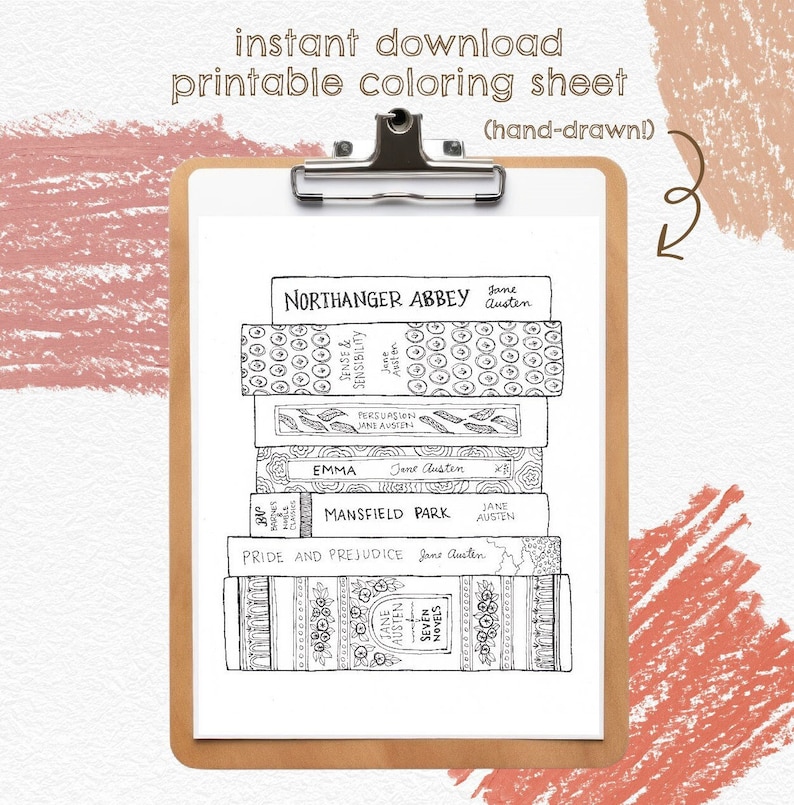 Jane Austen Book Stack COLORING SHEET Instant Download Printable Literary Coloring Sheet image 1