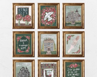 Puede incluir: Un conjunto de nueve impresiones de arte literario imprimibles con citas e ilustraciones de novelas clásicas. Las impresiones están enmarcadas en oro y tienen un fondo verde con flores rosas. Las citas incluyen "Jane Eyre", "Lector, me casé con él", "Lowood", "Thornfield Hall" y "No soy un pájaro y ninguna red me atrapa."
