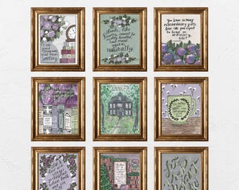 Puede incluir: Un conjunto de nueve impresiones artísticas enmarcadas con marcos dorados. Las impresiones presentan diseños florales, citas e ilustraciones. El texto "INSTANT GALLERY WALL: literary art download set" está en la parte superior.
