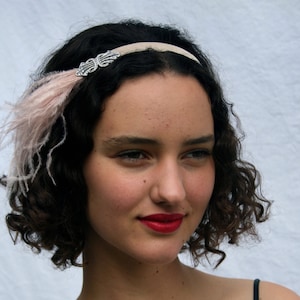 Pink 1920s feather headbands, Silver Art Deco Jewel Blush Ostrich fascinators, Great Gatsby Stretch Velvet Ribbon, Vintage Style