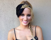 Gold and BLACK feather headband, Annees 20 serre-tete gold Gatsby Headpiece for Gold Gatsby Dress Purple Velvet ribbon colors, Burgundy
