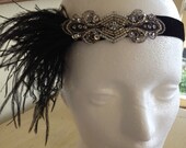 Art Deco Flapper Headband, feather headpiece, Great Gatsby headband, 1920s Silver flapper dress 20s party, Gray or White Ostrich Feathers