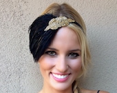Black feather headpiece Gold beaded fascinator black Art Deco flapper headband, Great Gatsby headband, 1920s dress, 1920s feather headband
