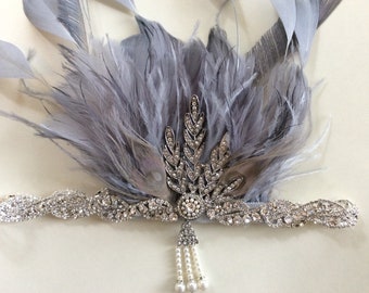 Blanc vert menthe silver peacock pince à cheveux plume mariage vtg 1920s 11