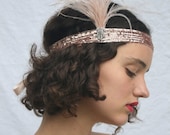 CHAMPAGNE 1920s Headband, Blush ostrich feathers fascinator, Rose gold sequined flapper stretch headpiece, Great Gatsby Flapper Dress
