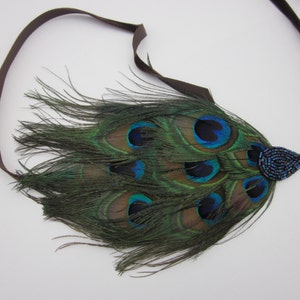 Peacock Feather Headband, 1920s headband, great gatsby headpiece stretch elastic fascinator Peacock feather Headpiece, blue Beaded Headband
