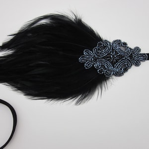 Gray 1920s Feather fascinator, black Great Gatsby feather headband,  flapper head piece gunmetal Beading, Velvet Bridesmaid Headband