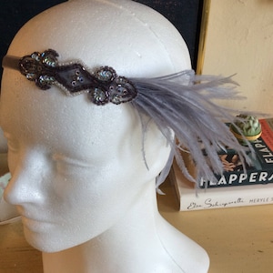 Amethyst Plum headpiece, Great Gatsby feather fascinator, Ostrich Feather Headband 1920s purple beaded headpiece Silver OR Bronze Beading