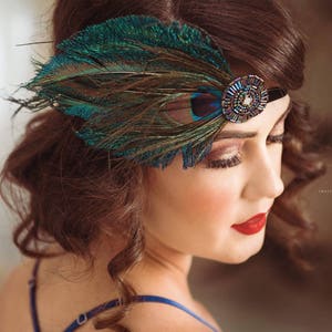 BLUE PEACOCK Headpiece for Peacock Blue Dress, 1920s Dress Gatsby Headband Blue Beaded Headband Stretch Elastic Velvet