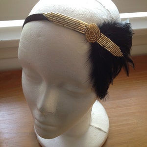 Gold great Gatsby Headband, Flapper Dress 1920s Tocado Novia stretch velvet Art Deco Headband Gold Beaded Headband with Velvet Ribbon Tie