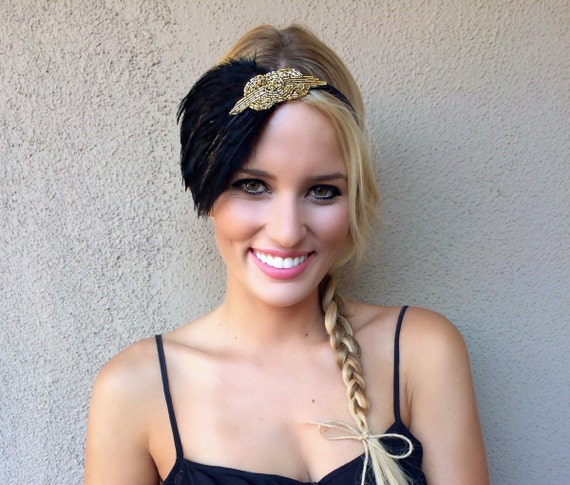 Gold and BLACK Feather Headband, Annees 20 Serre-tete Gold Gatsby