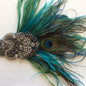 Blue Peacock feather headband Great Gatsby Ostrich feathers fascinator teal Hunter green blue peacock hues mixed rhinestone, Stretch Elastic