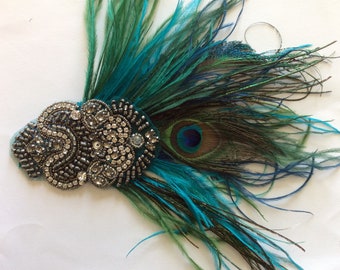Peacock Feather Headband: Rhinestone Flapper Fascinator