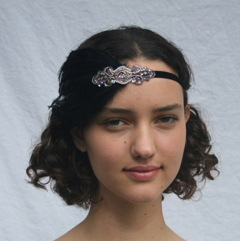 GRAY FEATHER HEADBAND, Rose Gold headpiece, 1920s Great Gatsby grey feather fascinator beaded headpiece, Art Deco flapper hair accessories image 9