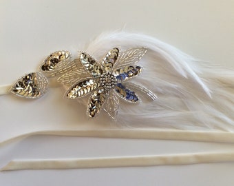 White Swan Lake Headband, Odette Costume feather fascinator, Black Swan headpiece Dance Silver Leaves sequins 1920s Great Gastby Flapper
