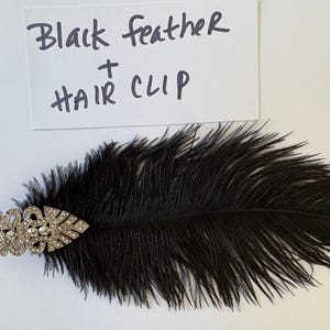 May include: A black feather hair clip featuring a silver-toned metal accent piece adorned with clear rhinestones. A white rectangular card is positioned above the item with the handwritten text Black feather + HAIR CLIP in black ink.