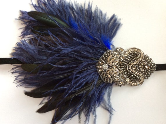 Blue and Black Feathered Headband Ladies 1920s Headband 20s Feather Hair Band Headband  main image 3