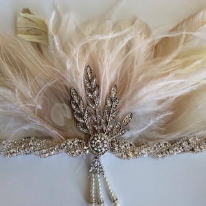 Great Gatsby Bridal headpiece, 1920s Glamorous Hollywood Wedding Fascinator Beige Peacock Ostrich feathers, Rhinestones Art Deco Flapper