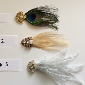 Great Gatsby Ostrich Hair Clips , 1920s Feather Hair clips, Bridal Flapper accessories, petite small alligator hair clips Art Deco peacock