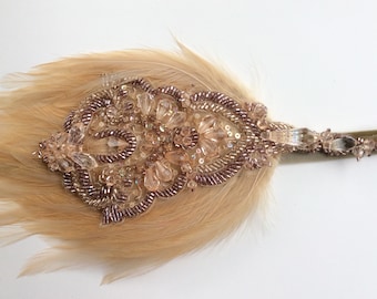 1920s Champagne Beaded Feather Headband, Art Deco Flapper Bridal Headpiece, beige or ivory feather fascinator