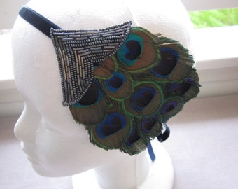 Blue Peacock Feather Headband, 1920s Great Gatsby Gray Flapper Beaded Headpiece, Art Deco Fascinator, Black Gold Bronze Silver Paon Hair
