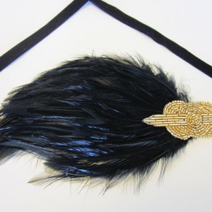 Black feather headpiece Gold beaded fascinator black Art Deco flapper headband, Great Gatsby headband, 1920s dress, 1920s feather headband image 3