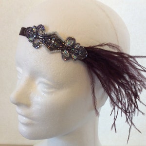 PLUM AMETHYST Headband, Plum Ostrich Feathers Fascinator, 1920s Great Gatsby Fig beaded headpiece Mauve Flapper Dress hair accessory