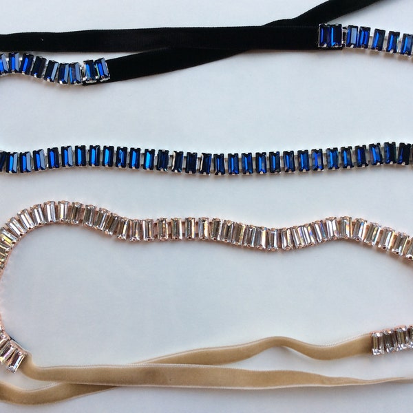 1920s Baguette Headpieces, Art Deco sash ribbon tie belts, Great Gatsby crystal rhinestone headbands, blue sapphire, champagne, clear stones