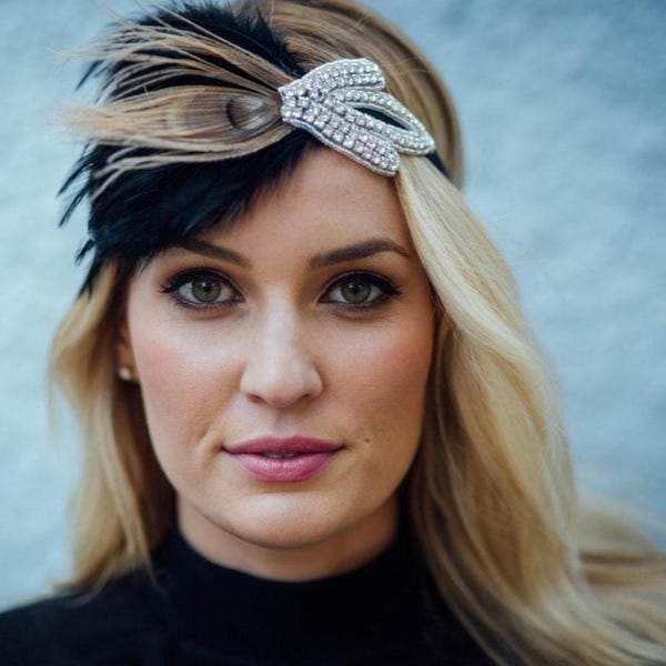 1920s Black Feather headband, Rhinestone Bling headpiece, Great Gatsby Style, beige Peacock Accent, Crystal Hairpiece