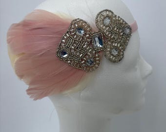 Blush feather fascinator, Silver 20s deco beaded HEADPIECE, headband, ballet pink and ivory feather Flapper wedding art deco bridal