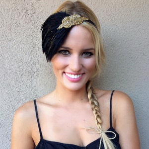 Black & Gold 1920s Headband, Flapper 1920s Hair Accessories, gold Art Deco fascinator Black Beaded HairBand, Great Gatsby Headband