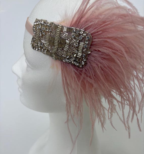 Great Gatsby headband, champagne feather headpiece, 1920s ostrich  feathers dress headband, dress feather headband Ivory cream feathers