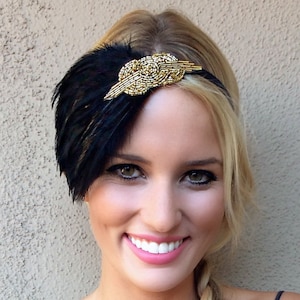 Black feather headpiece Gold beaded fascinator black Art Deco flapper headband, Great Gatsby headband, 1920s dress, 1920s feather headband image 1