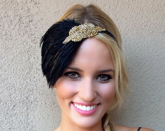 Black feather headpiece Gold beaded fascinator black Art Deco flapper headband, Great Gatsby headband, 1920s dress, 1920s feather headband