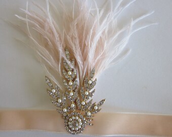 Gold Rhinestone Ostrich Feather Headband: 1920s Flapper Art Deco Hair Accessory