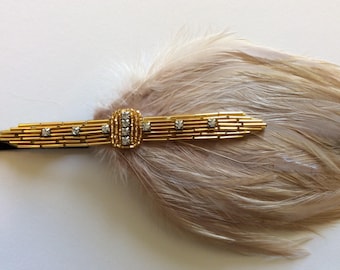BEIGE GOLD Art Deco headpiece, Gold Great Gatsby headband, Black Feather Fascinator, hair accessories, Rhinestone Flapper dress