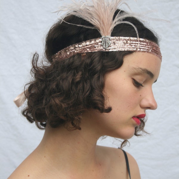 ROSE GOLD HEADPIECE, Gatsby 1920s Sequined Headband Blush Champagne ostrich feathers Fascinator Jewel Great Gatsby  Flapper hair accessory