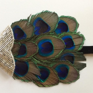 Peacock Feather Headband, Stretch Velvet Ribbon, Gatsby New Year’s Eve Fascinator, 1920s Style Holiday Party Hairpiece