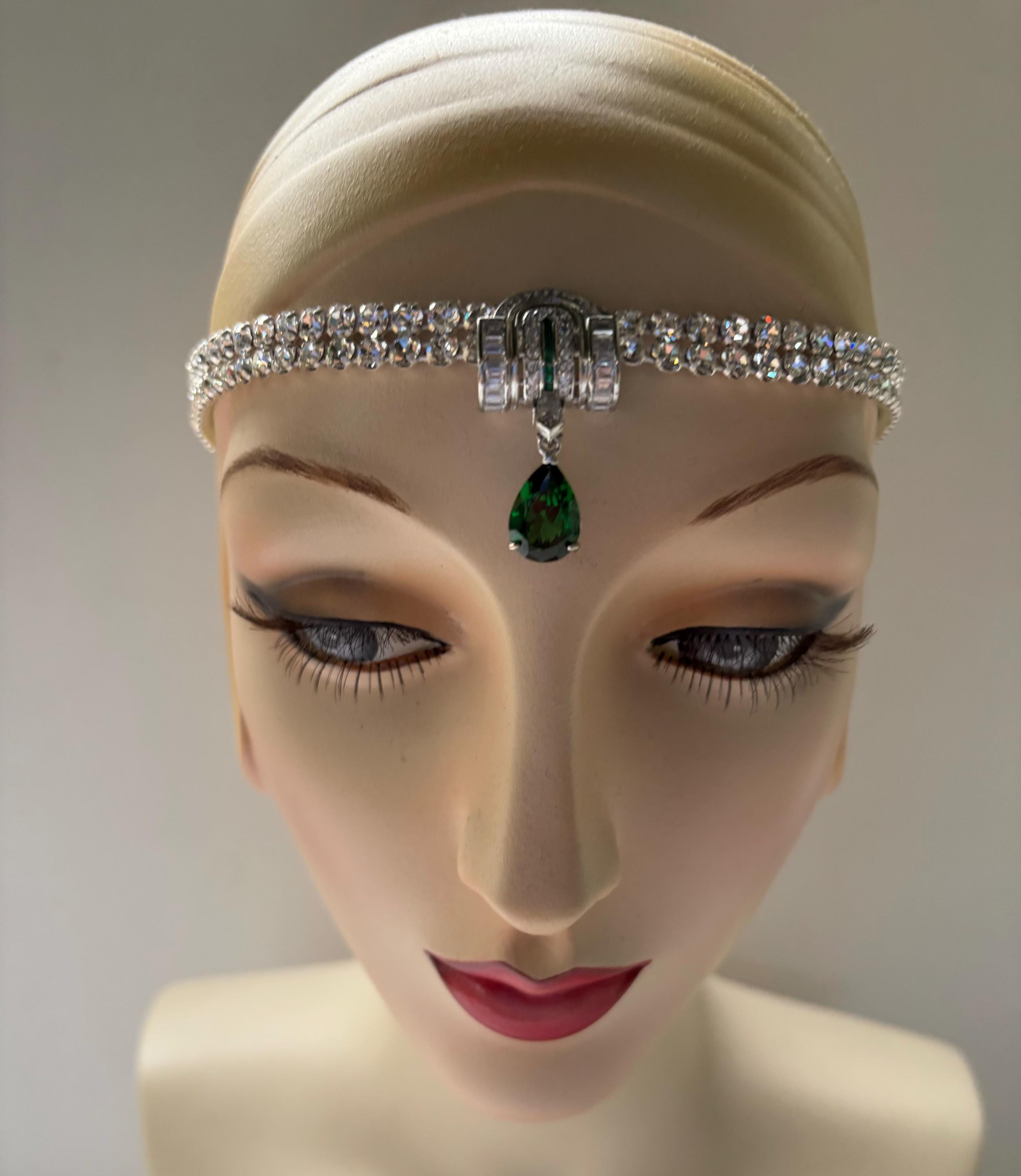 Emerald Crystal Art Deco Headband, 1920s Rhinestone Gala Statement Piece