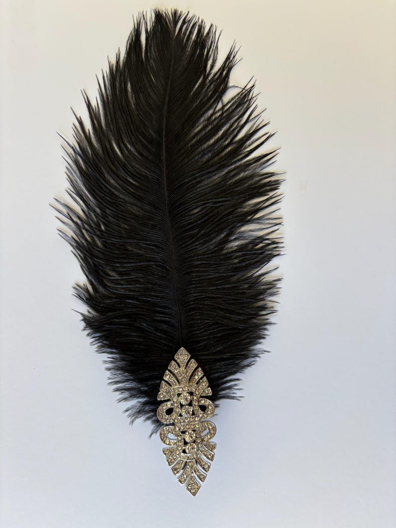 May include: A long, black ostrich feather plume attached to a silver-toned, elongated decorative brooch. The brooch features a symmetrical, intricate metalwork design embedded with numerous small, clear, sparkling rhinestones.