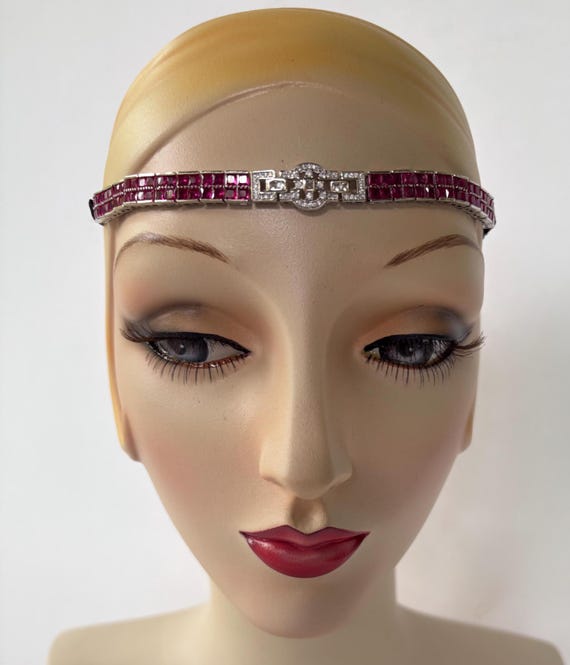 RUBY BURGUNDY 1920s Art Deco Baguettes Crystal Headpiece, Great