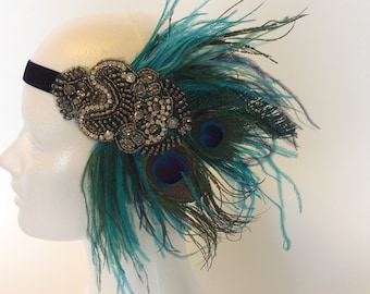 Peacock Feather Fascinator: 1920s Flapper Rhinestone Headpiece