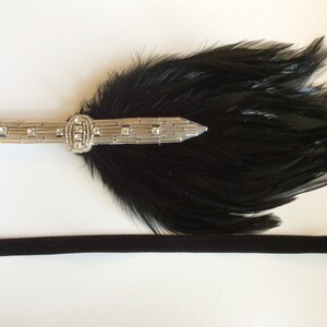 Silver Great Gatsby headpiece, 1920s black feather headband, rhinestone crystal fascinator, Art Deco beaded headpiece black or beige feather