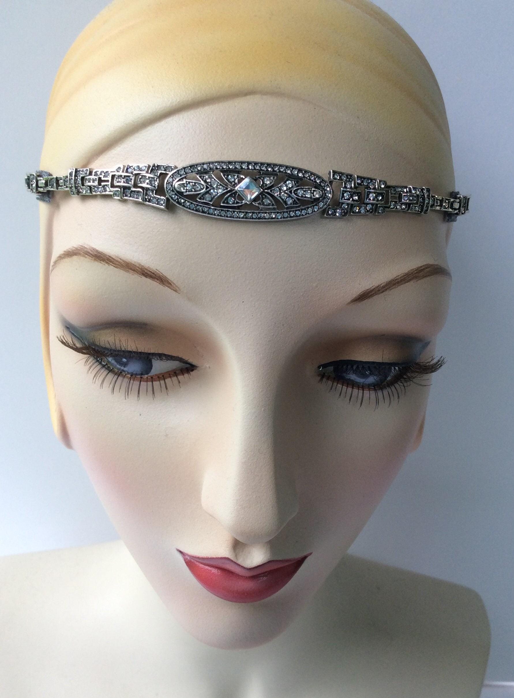 Silver Art Deco Headpiece: 1920s Flapper Rhinestone Forehead Band